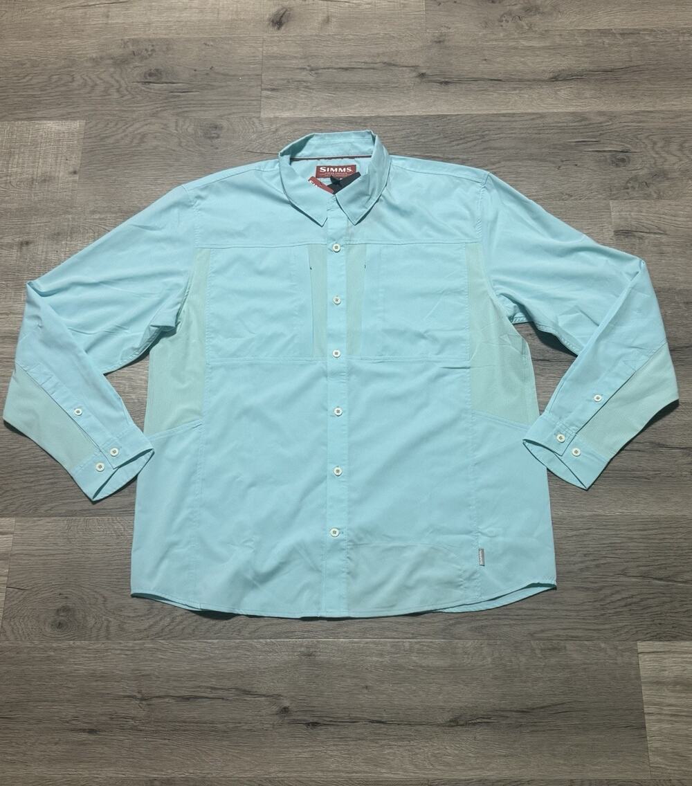 Simms NWT Mens XL Long Sleeve Fishing Shirt Slack Tide Blue UPF 50+ Cooling